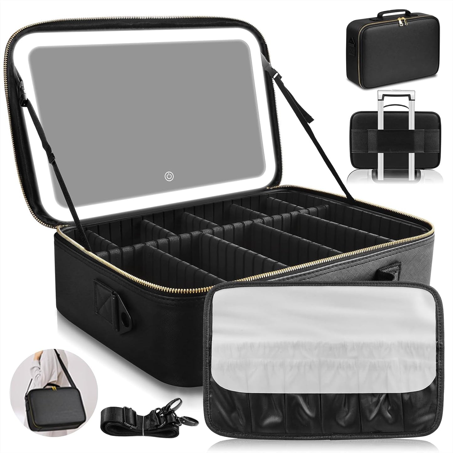 Elevate Your Makeup Game with the 15''X11'' Large Capacity Makeup Bag Featuring LED Mirror and Adjustable Lighting!