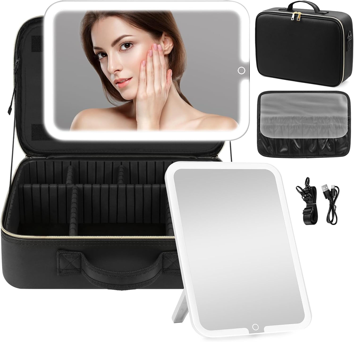 Elevate Your Makeup Game with the 15''X11'' Large Capacity Makeup Bag Featuring LED Mirror and Adjustable Lighting!