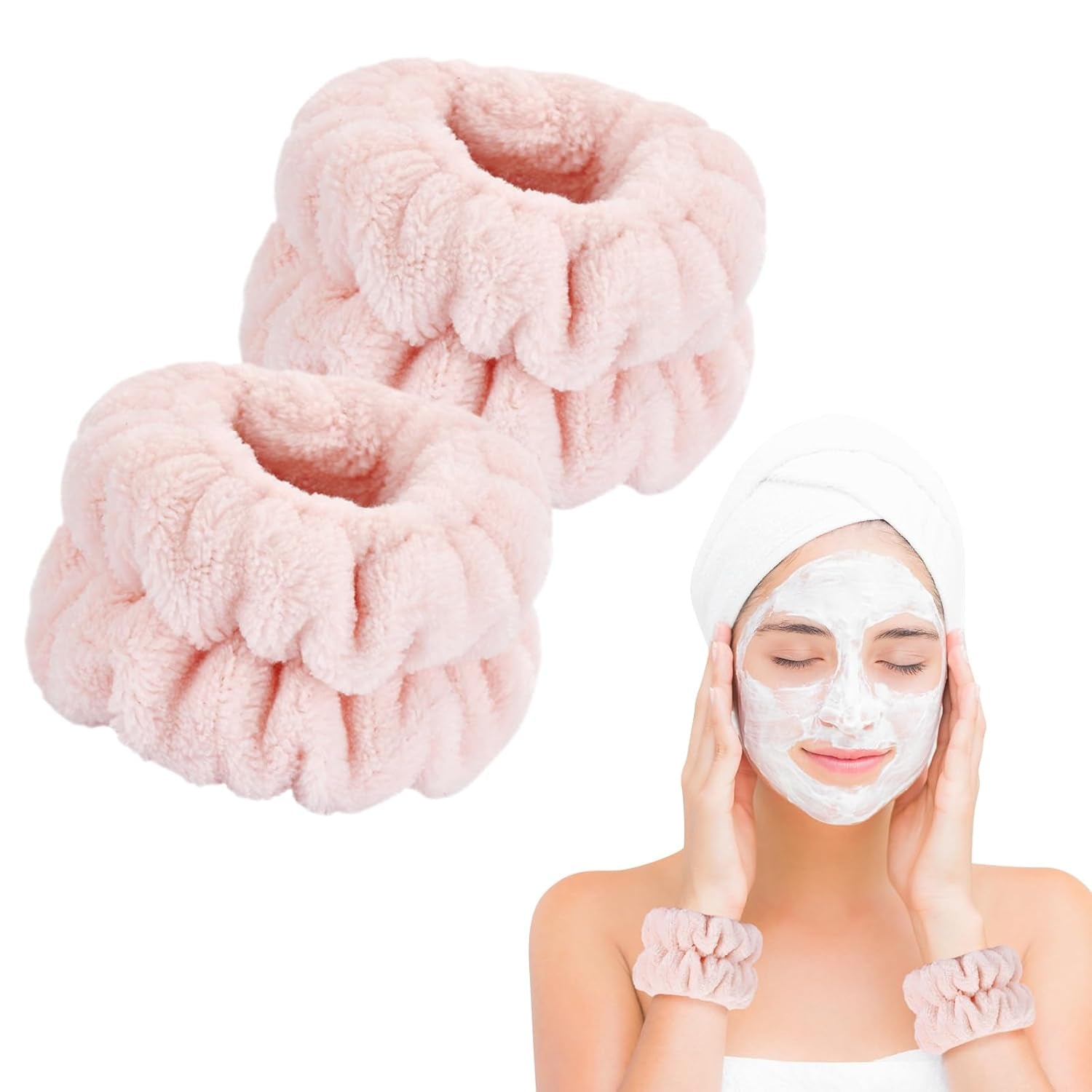 2 Pcs Wrist Bands for Washing Face-, Microfiber Wrist Towels for Washing Face, Spa Wristbands for Washing Face, Face Wash Wristbands, Arm Bands for Washing Face for Woman Children（Pale Pink）