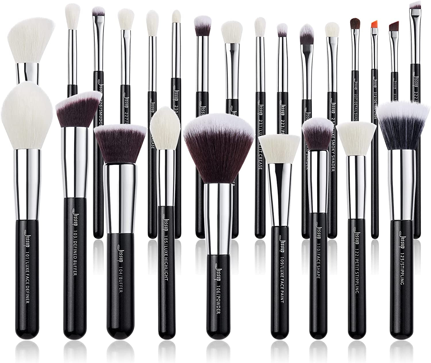 Jessup 25Pcs Professional Makeup Brush Set Foundation Powder Concealer Eyeshadow Blending Blush Highlighter Natural-Synthetic Hair Brushes (Black/Silver),T175