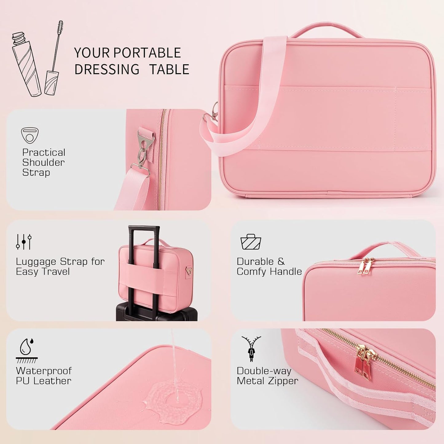 Elevate Your Makeup Game with the 15''X11'' Large Capacity Makeup Bag Featuring LED Mirror and Adjustable Lighting!