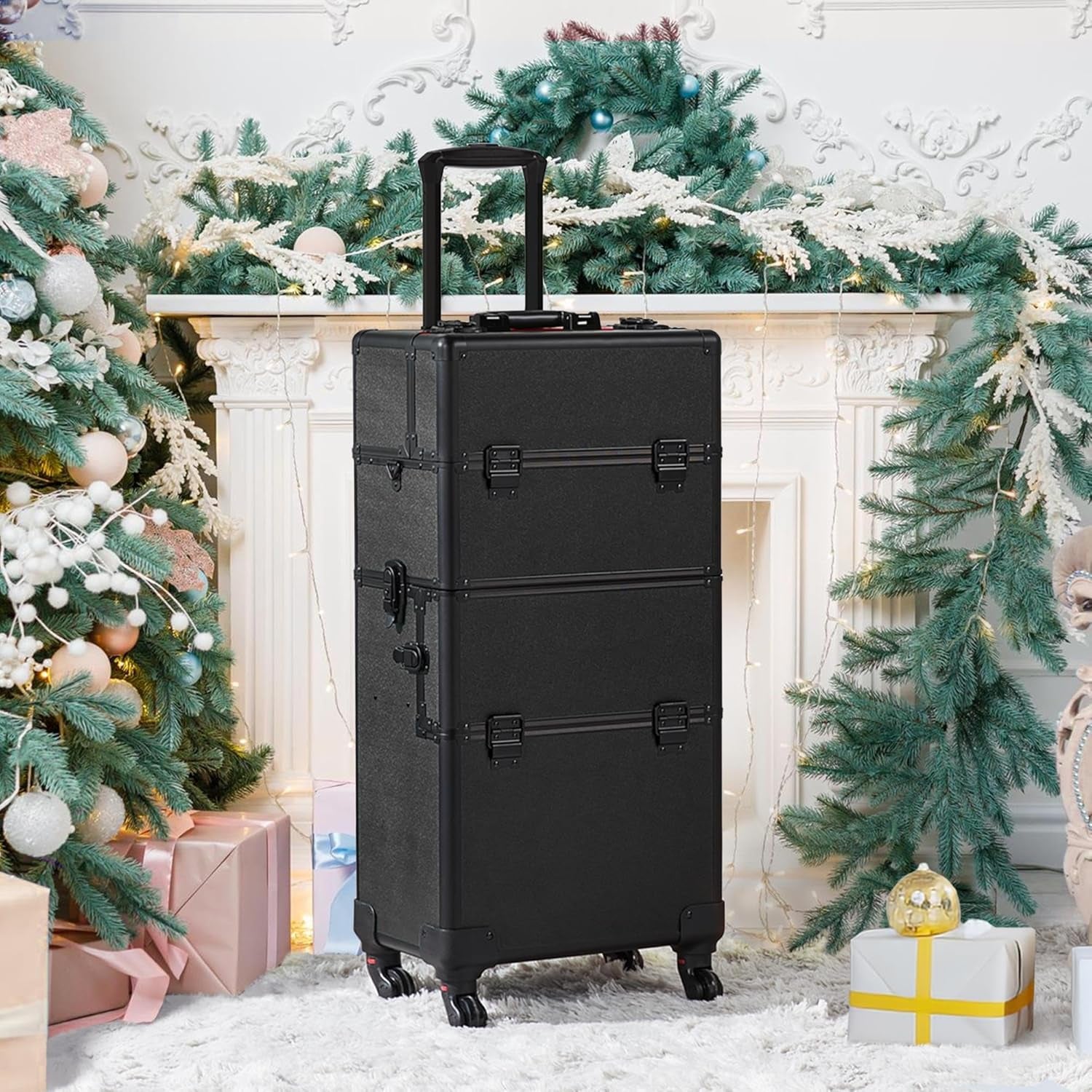 Makeup Train Case 3 in 1 Professional Cosmetic Trolley Multi-Functional Organizers Large Storage Traveling Cart Trunk for Nail Tech - Black