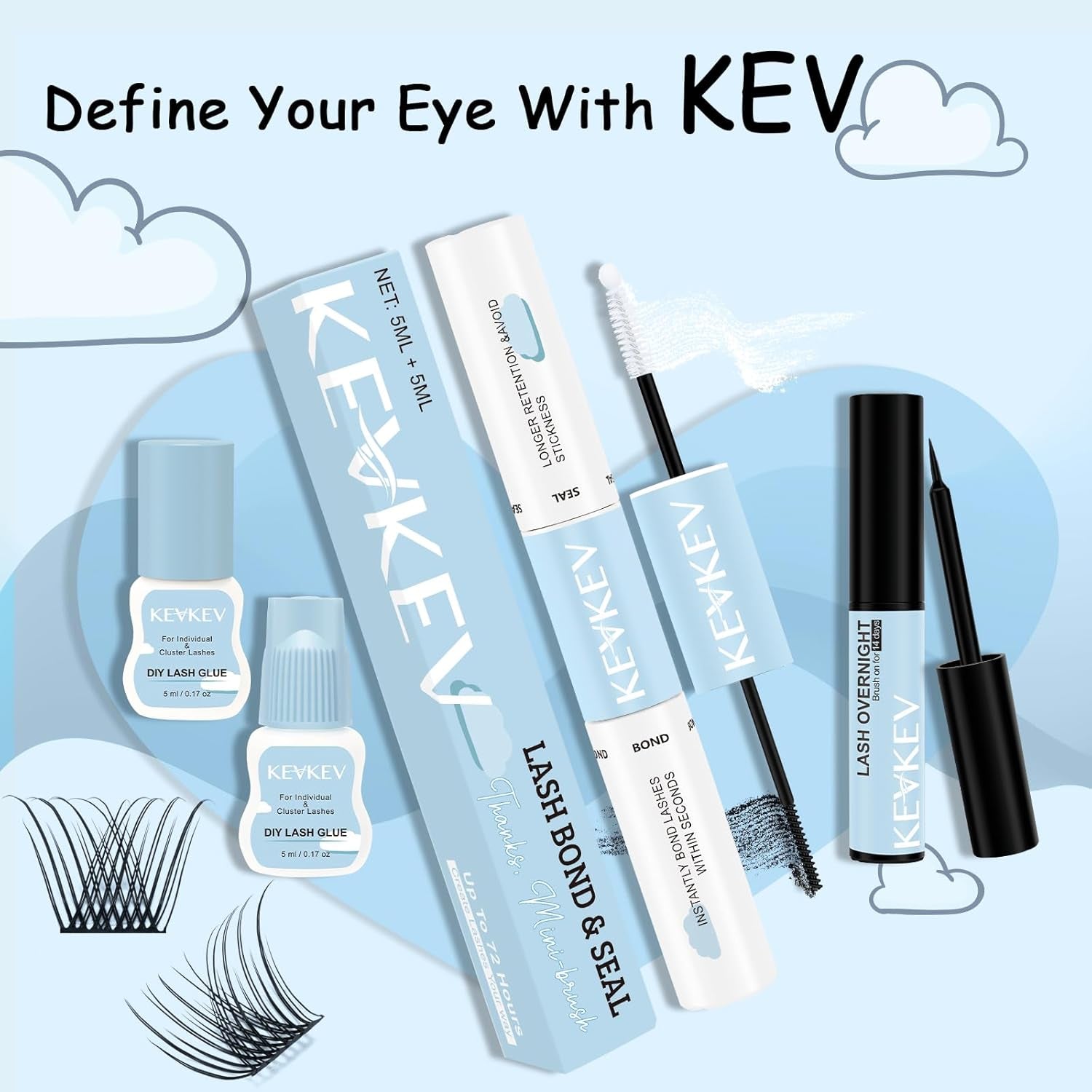 Lash Bond and Seal Waterproof Bond and Seal Lash Glue for Lash Clusters Mascara Wand Cluster Lash Glue Eyelash Bond and Seal Strong Hold for 72 Hours Avoid Stickiness (5Ml+5Ml)