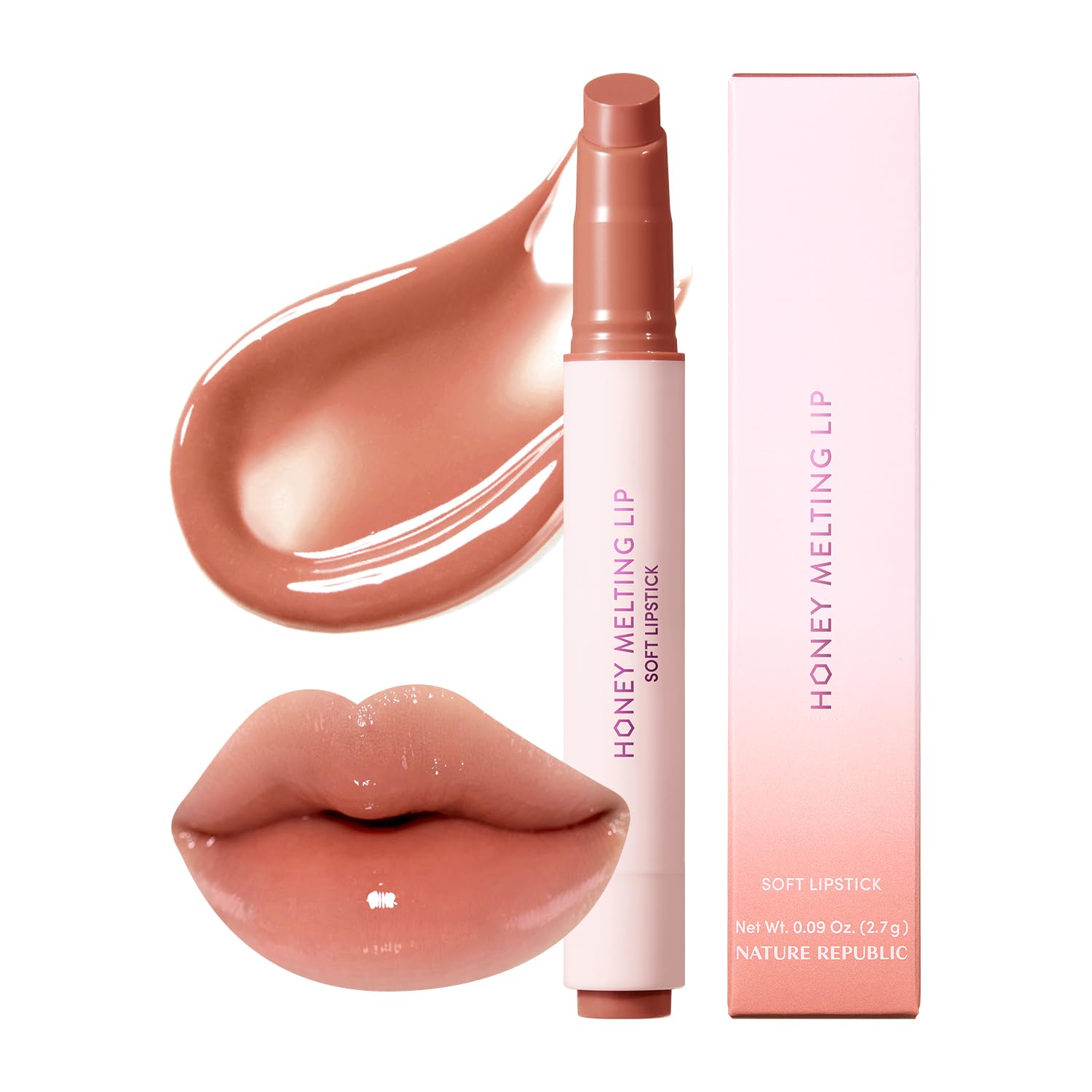 Nature Republic Honey Melting Lip Stick in Lychee - Hydrating Gloss, Moisturizing Balm, Sheer Tint with Shine & Glowy Finish - Korean Makeup Essential