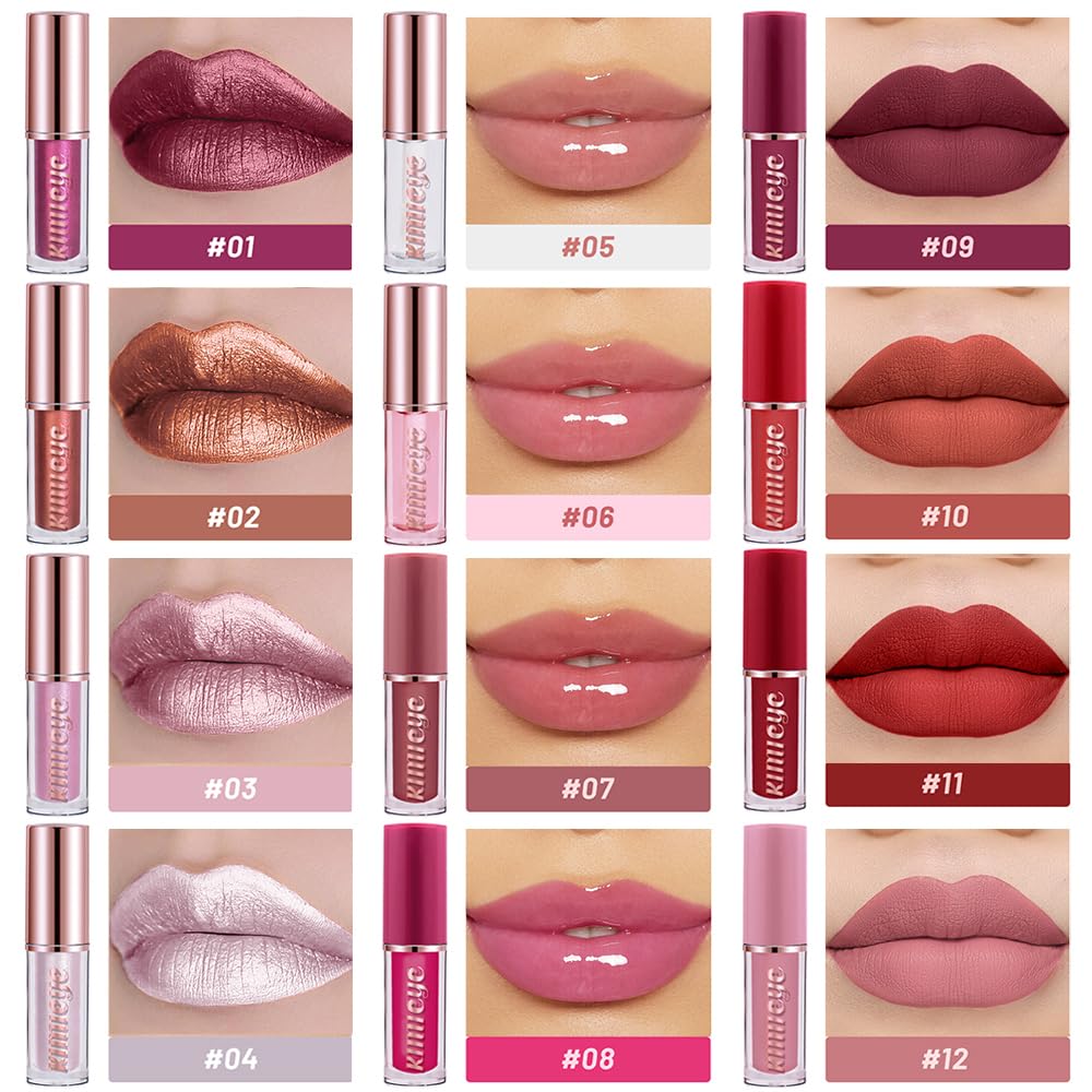12Pcs Liquid Lipstick Makeup Set, Shades with Metallic Color Lip Stain, Hydrating Lip Oil and Velvet Matte Lipstick Gift Set for Women (SET C)