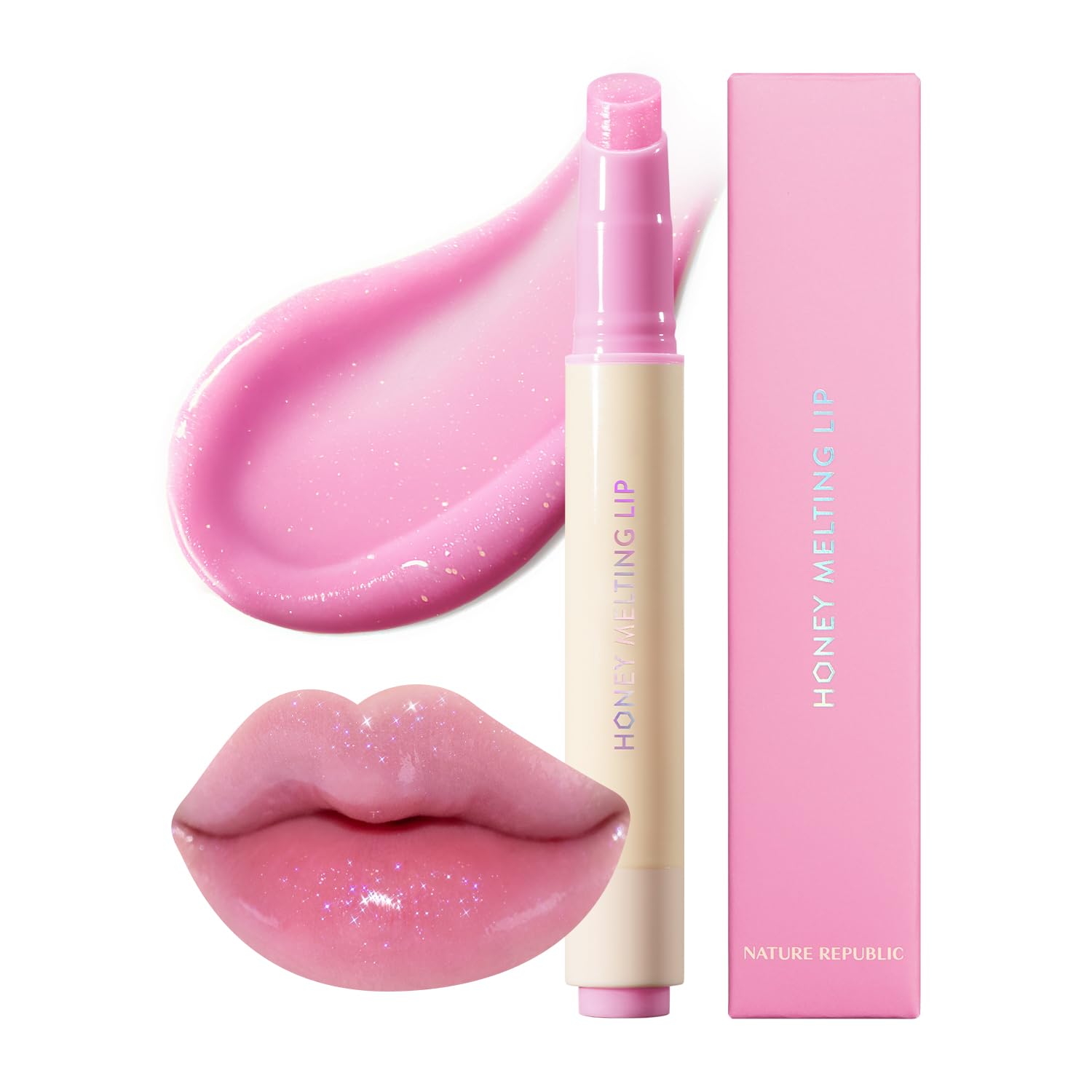 Nature Republic Honey Melting Lip Stick in Lychee - Hydrating Gloss, Moisturizing Balm, Sheer Tint with Shine & Glowy Finish - Korean Makeup Essential