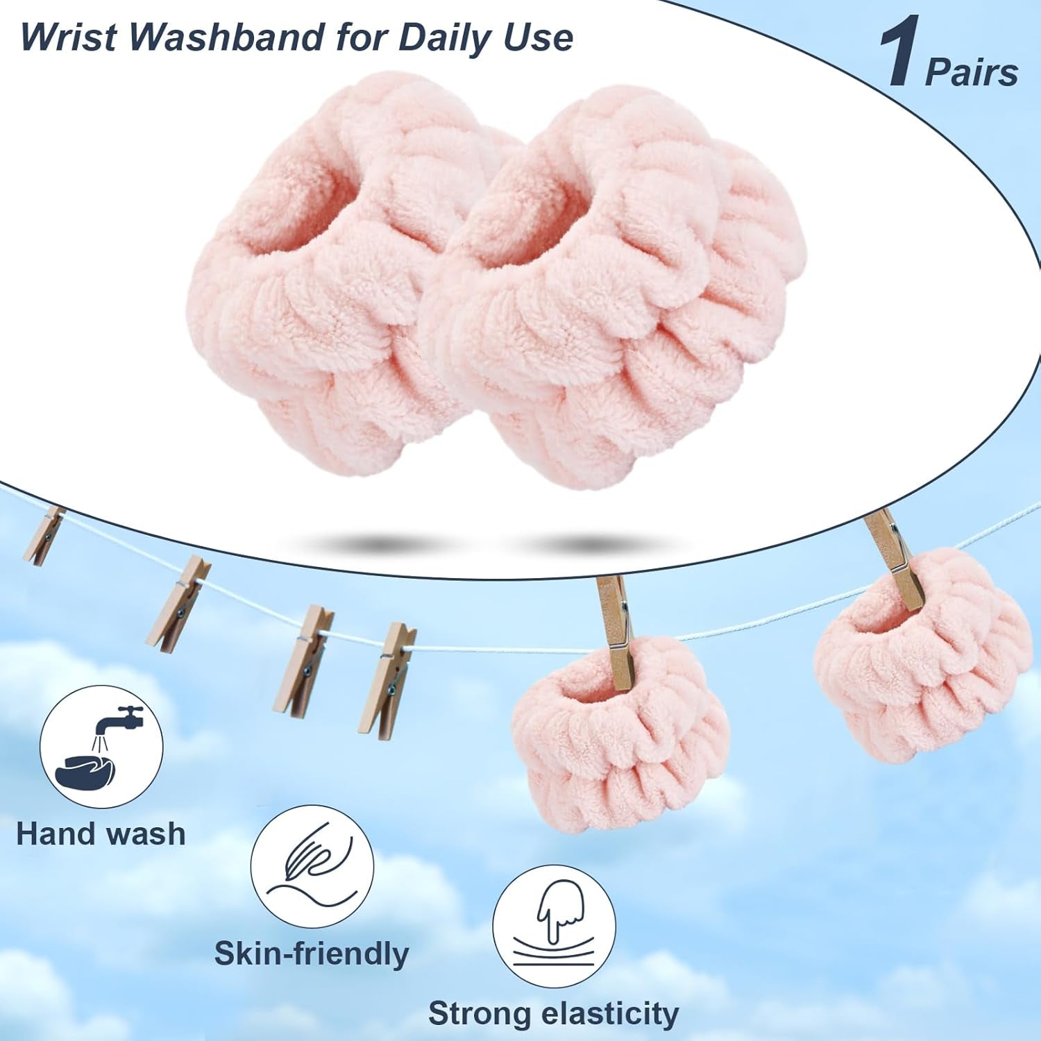 2 Pcs Wrist Bands for Washing Face-, Microfiber Wrist Towels for Washing Face, Spa Wristbands for Washing Face, Face Wash Wristbands, Arm Bands for Washing Face for Woman Children（Pale Pink）