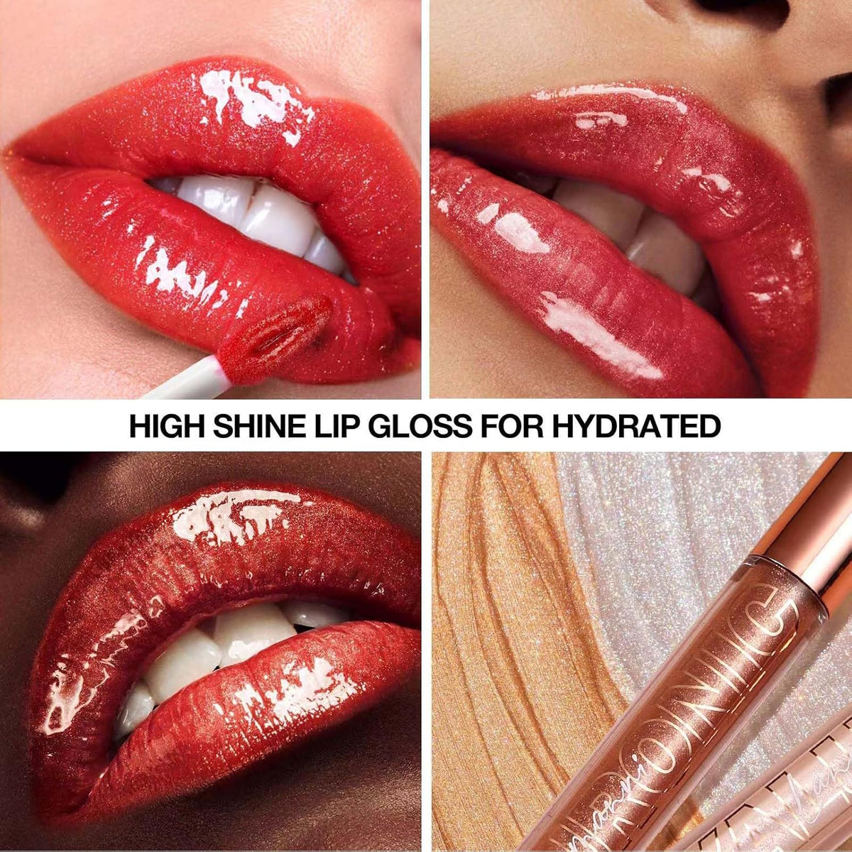Hyaluronic acid lip oil in a clear tube with rose gold cap, shown with glossy lips