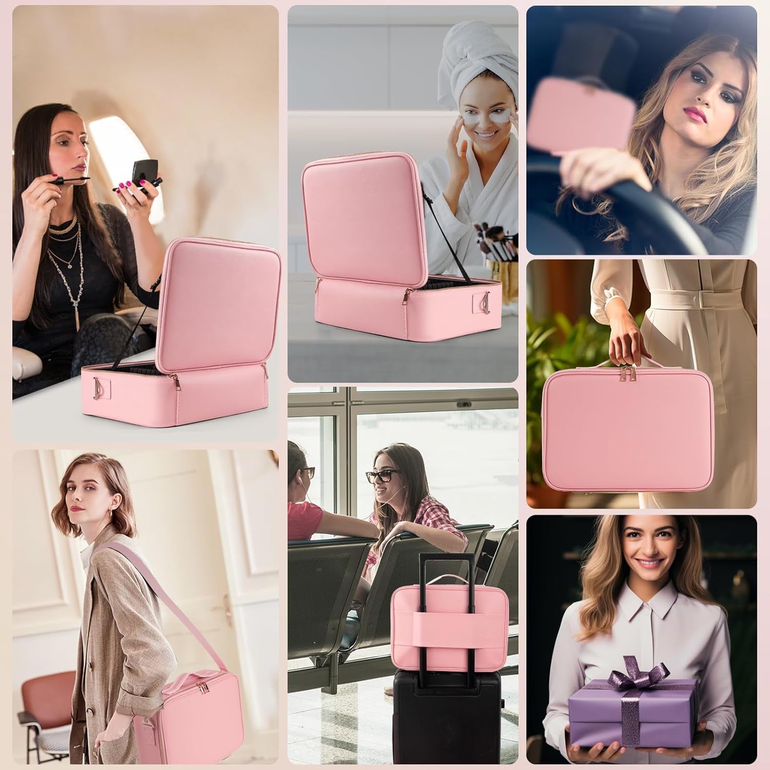 Elevate Your Makeup Game with the 15''X11'' Large Capacity Makeup Bag Featuring LED Mirror and Adjustable Lighting!