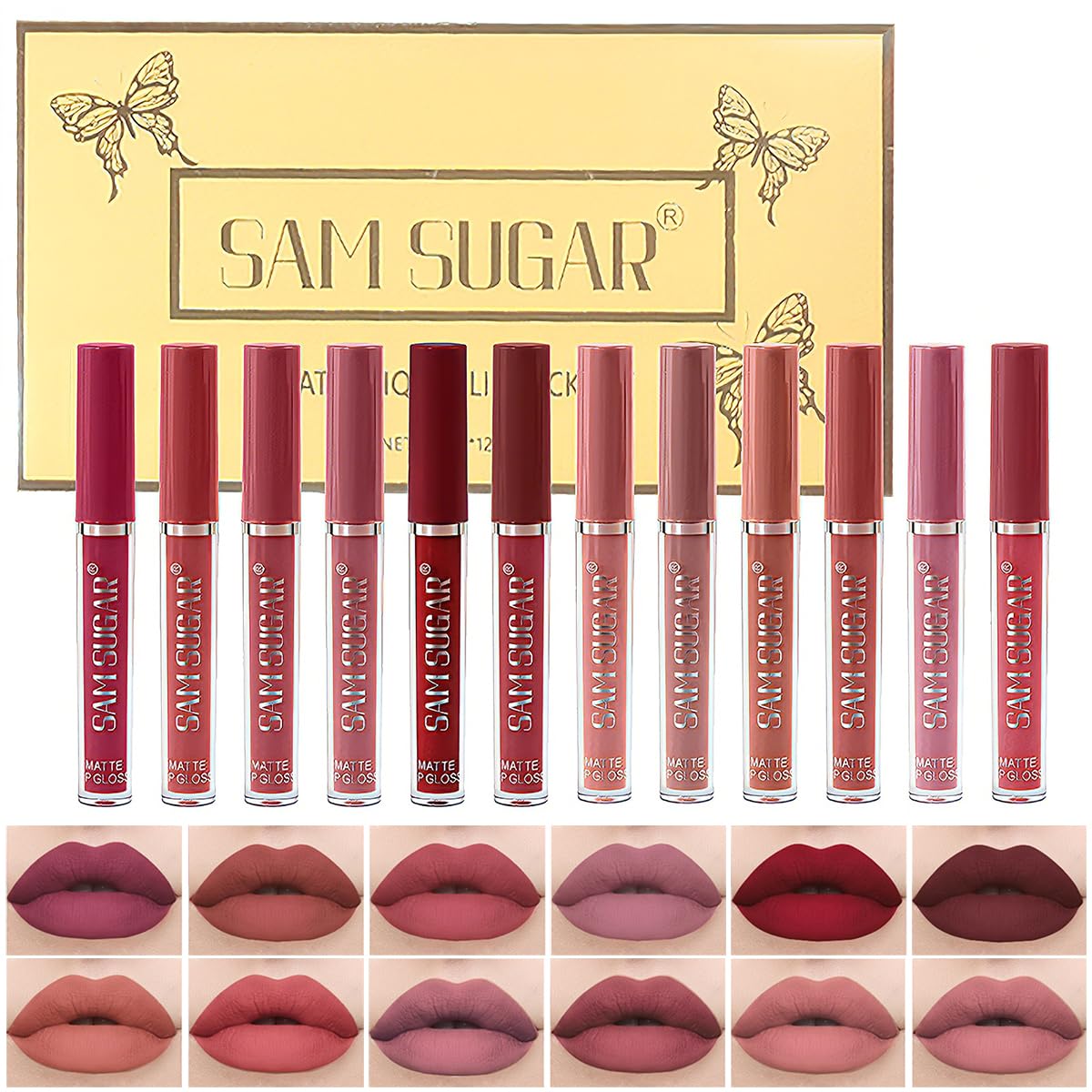 12Pcs Liquid Lipstick Makeup Set, Shades with Metallic Color Lip Stain, Hydrating Lip Oil and Velvet Matte Lipstick Gift Set for Women (SET C)