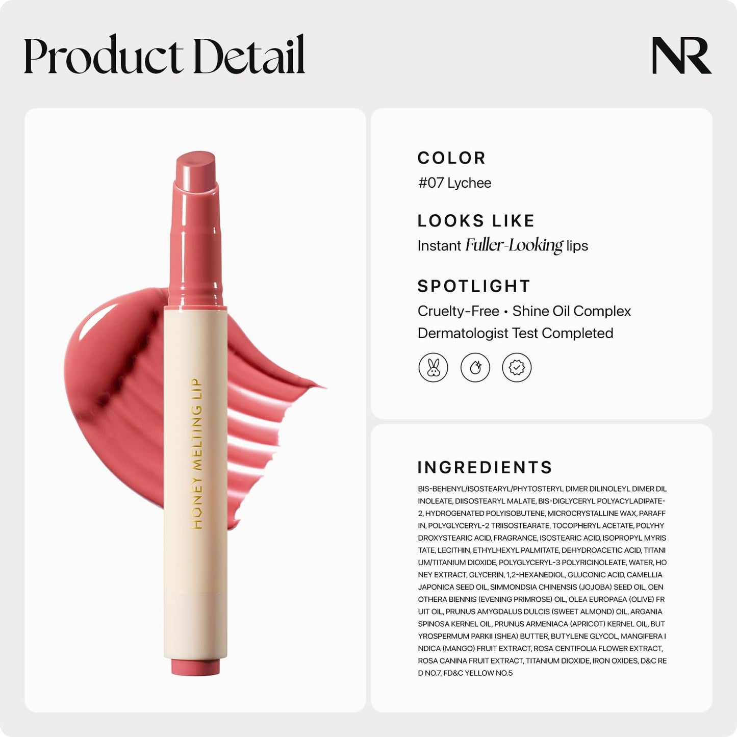 Nature Republic Honey Melting Lip Stick in Lychee - Hydrating Gloss, Moisturizing Balm, Sheer Tint with Shine & Glowy Finish - Korean Makeup Essential