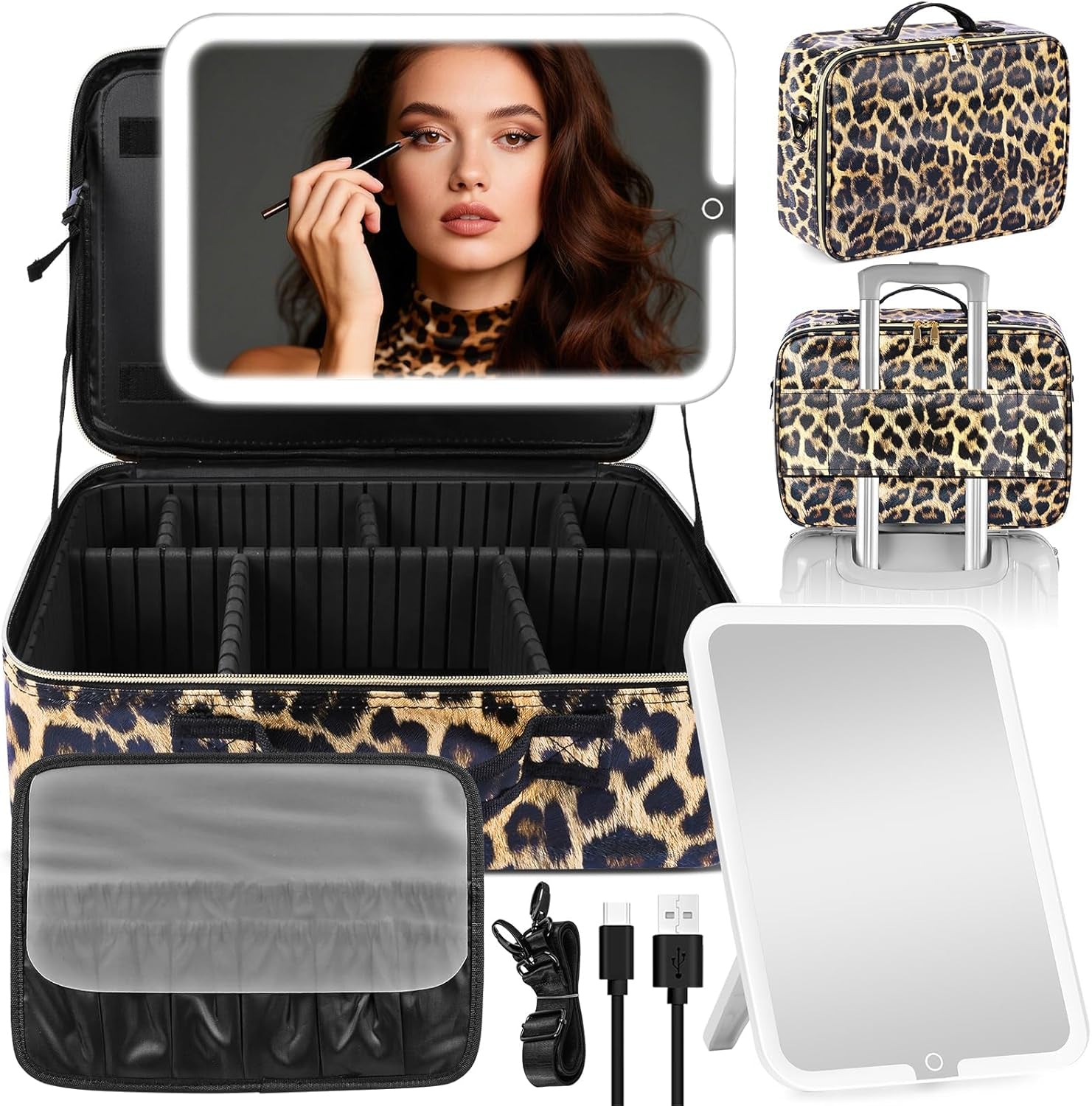 Elevate Your Makeup Game with the 15''X11'' Large Capacity Makeup Bag Featuring LED Mirror and Adjustable Lighting!