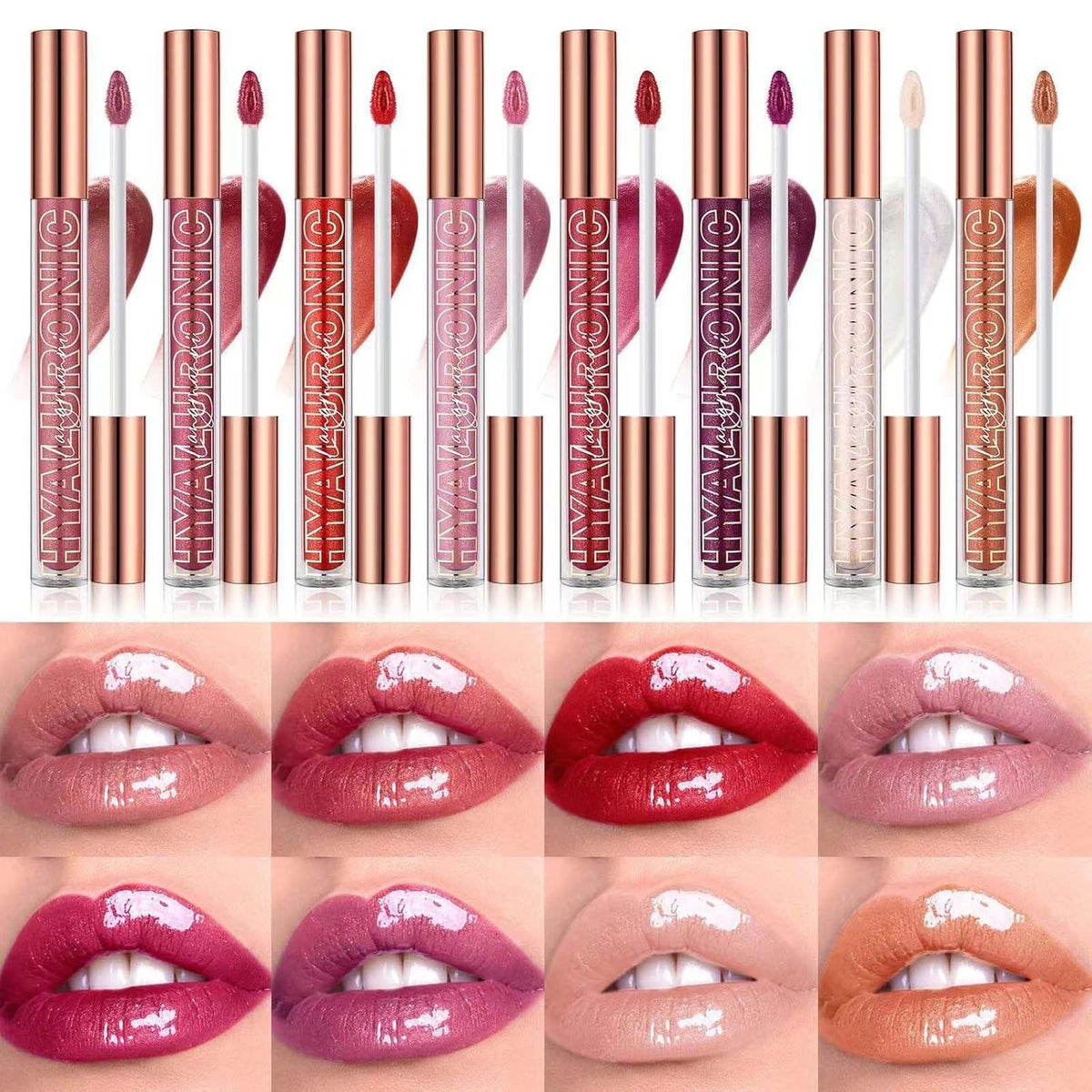 Hyaluronic acid lip oil in a clear tube with rose gold cap, shown with glossy lips