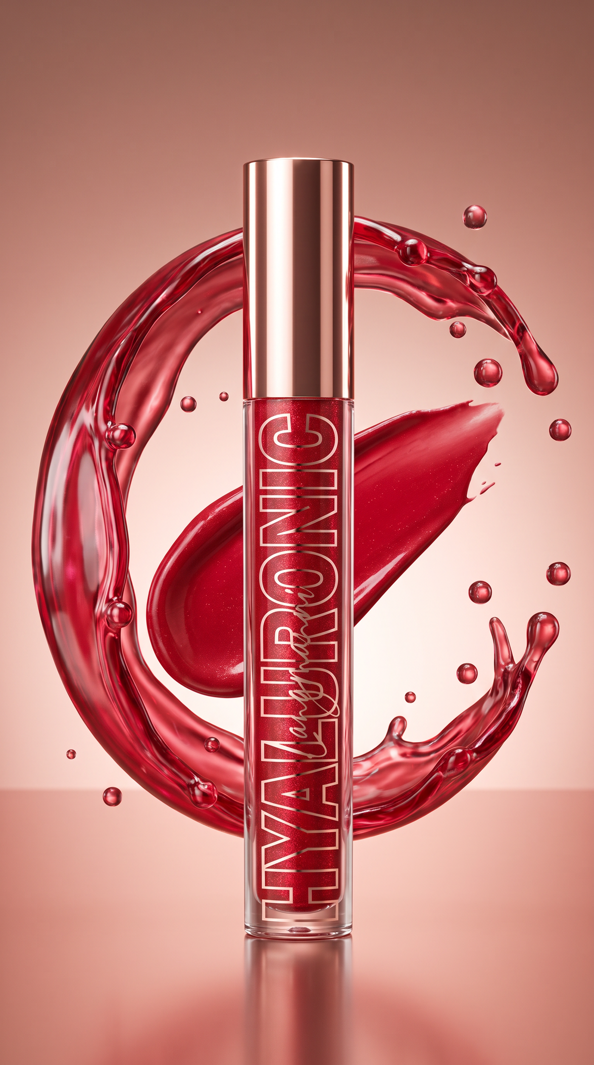 Hyaluronic acid lip oil in a clear tube with rose gold cap, shown with glossy lips