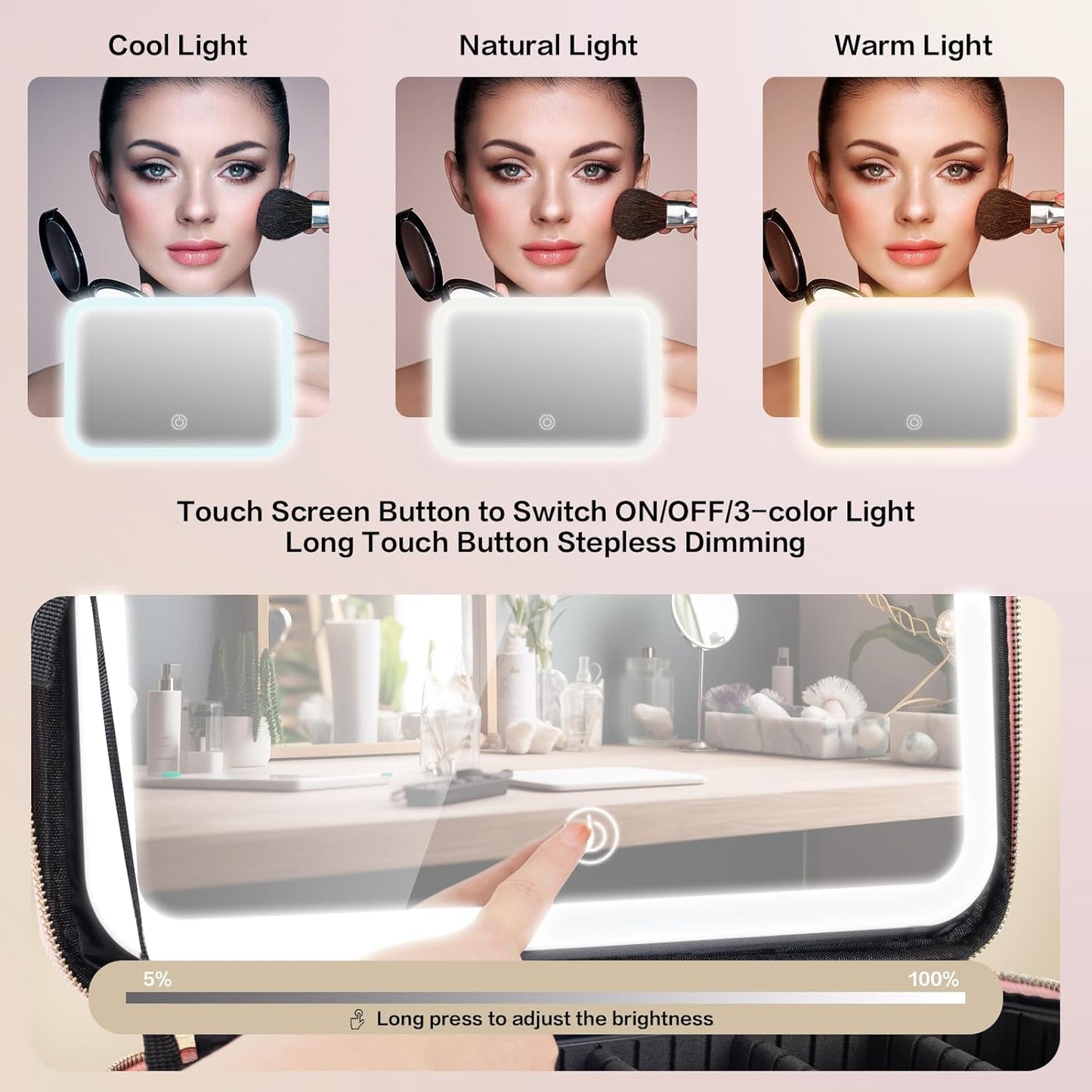 Elevate Your Makeup Game with the 15''X11'' Large Capacity Makeup Bag Featuring LED Mirror and Adjustable Lighting!