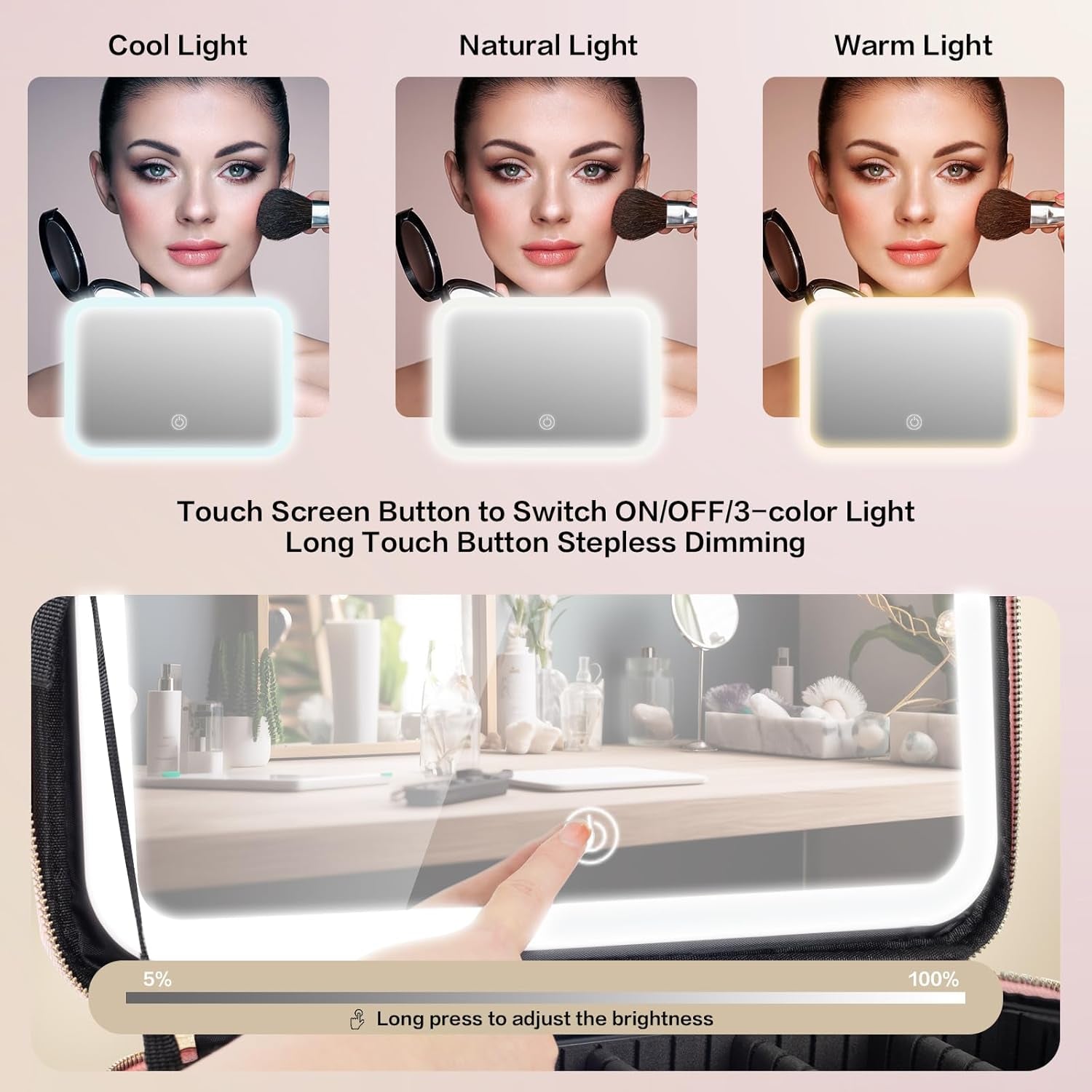 Elevate Your Makeup Game with the 15''X11'' Large Capacity Makeup Bag Featuring LED Mirror and Adjustable Lighting!