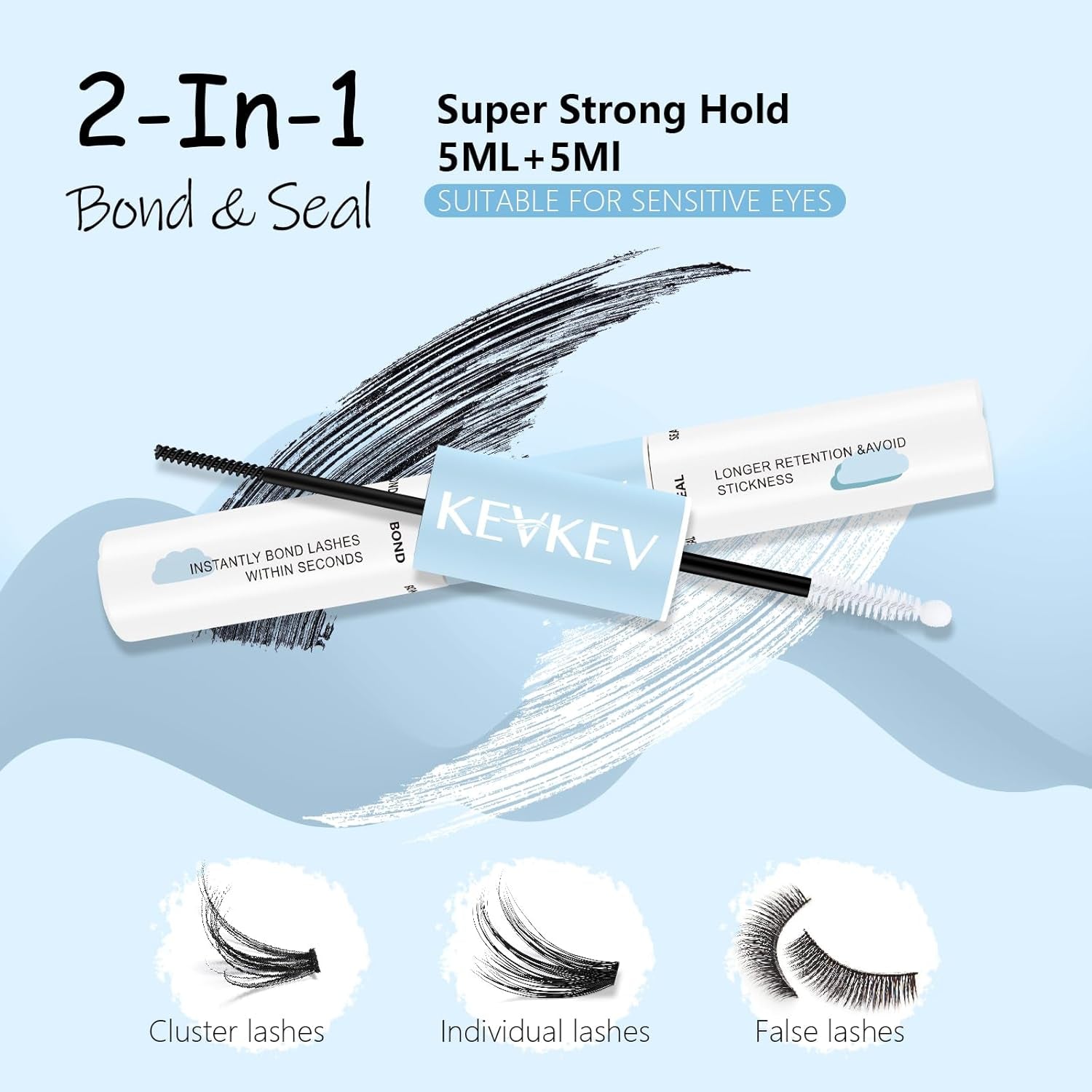 Lash Bond and Seal Waterproof Bond and Seal Lash Glue for Lash Clusters Mascara Wand Cluster Lash Glue Eyelash Bond and Seal Strong Hold for 72 Hours Avoid Stickiness (5Ml+5Ml)