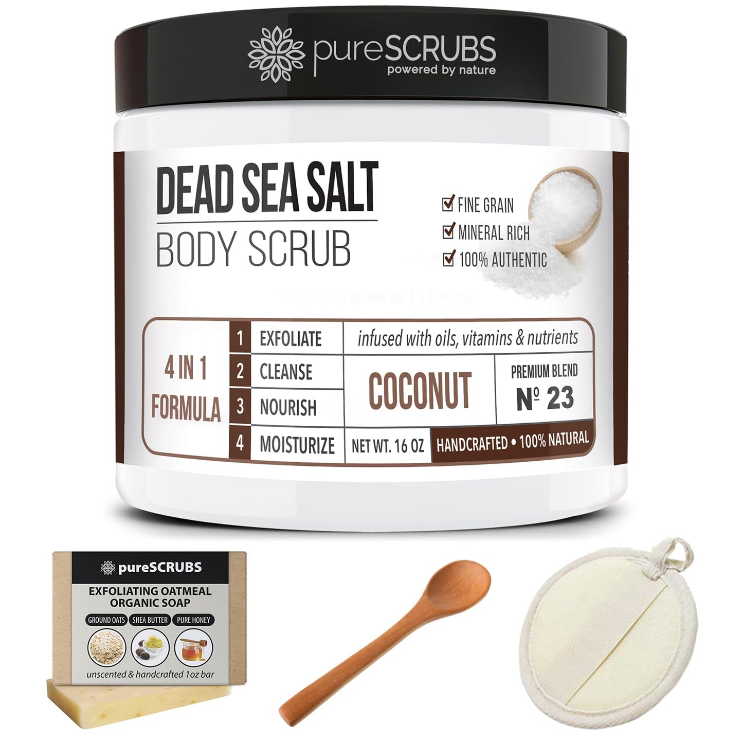 Purescrubs Premium Coconut Body Scrub Set - Large 16Oz Dead Sea Salt Body Scrub with Infused Essential Oils & Nutrients, Includes Wooden Spoon, Loofah & Oatmeal Exfoliating Bar Soap