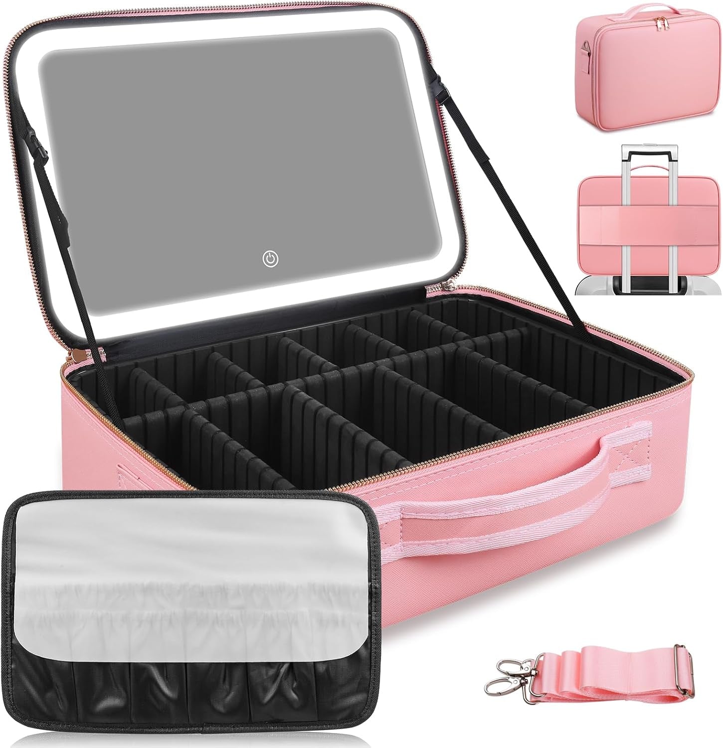 Elevate Your Makeup Game with the 15''X11'' Large Capacity Makeup Bag Featuring LED Mirror and Adjustable Lighting!