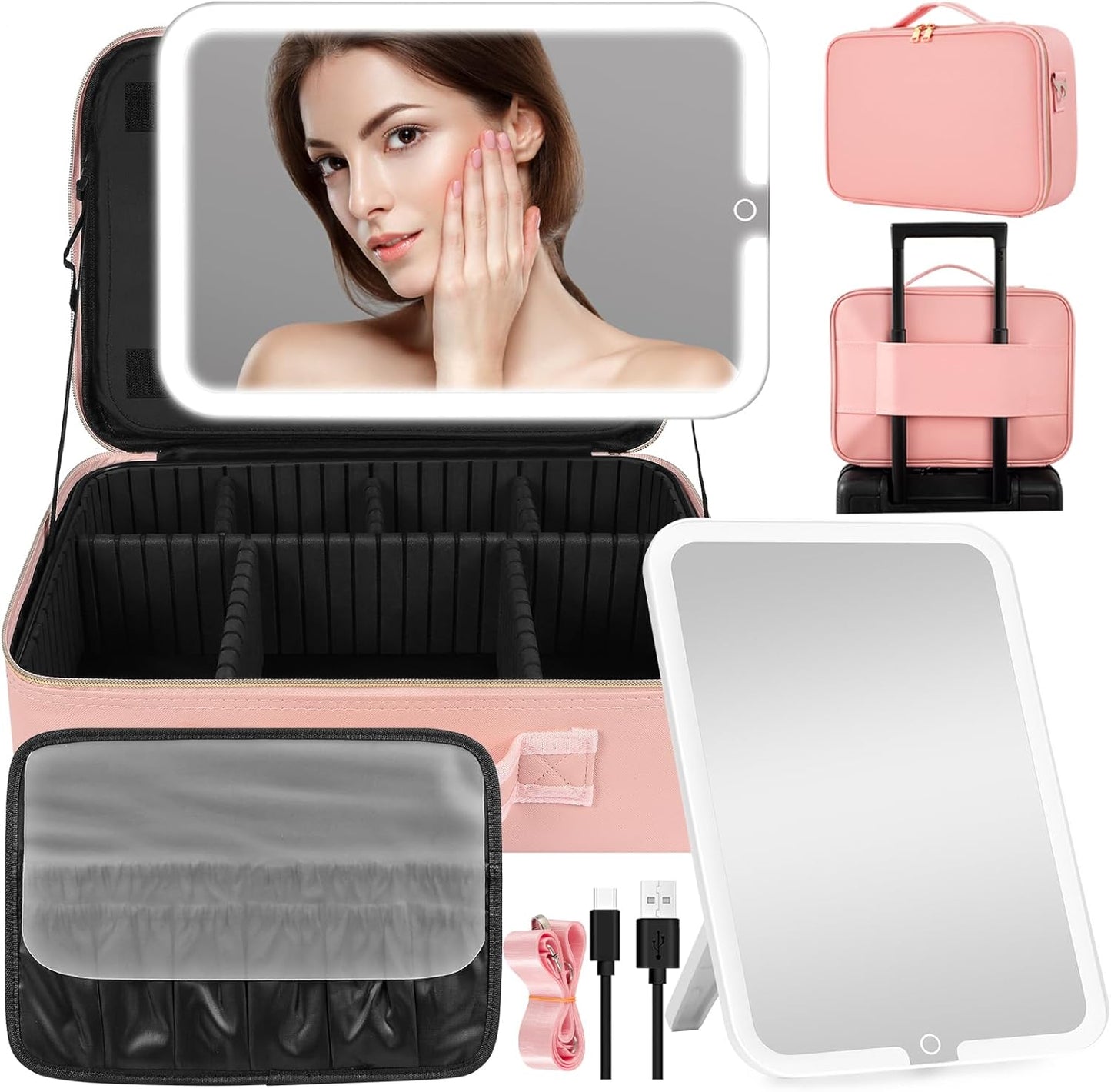 Elevate Your Makeup Game with the 15''X11'' Large Capacity Makeup Bag Featuring LED Mirror and Adjustable Lighting!