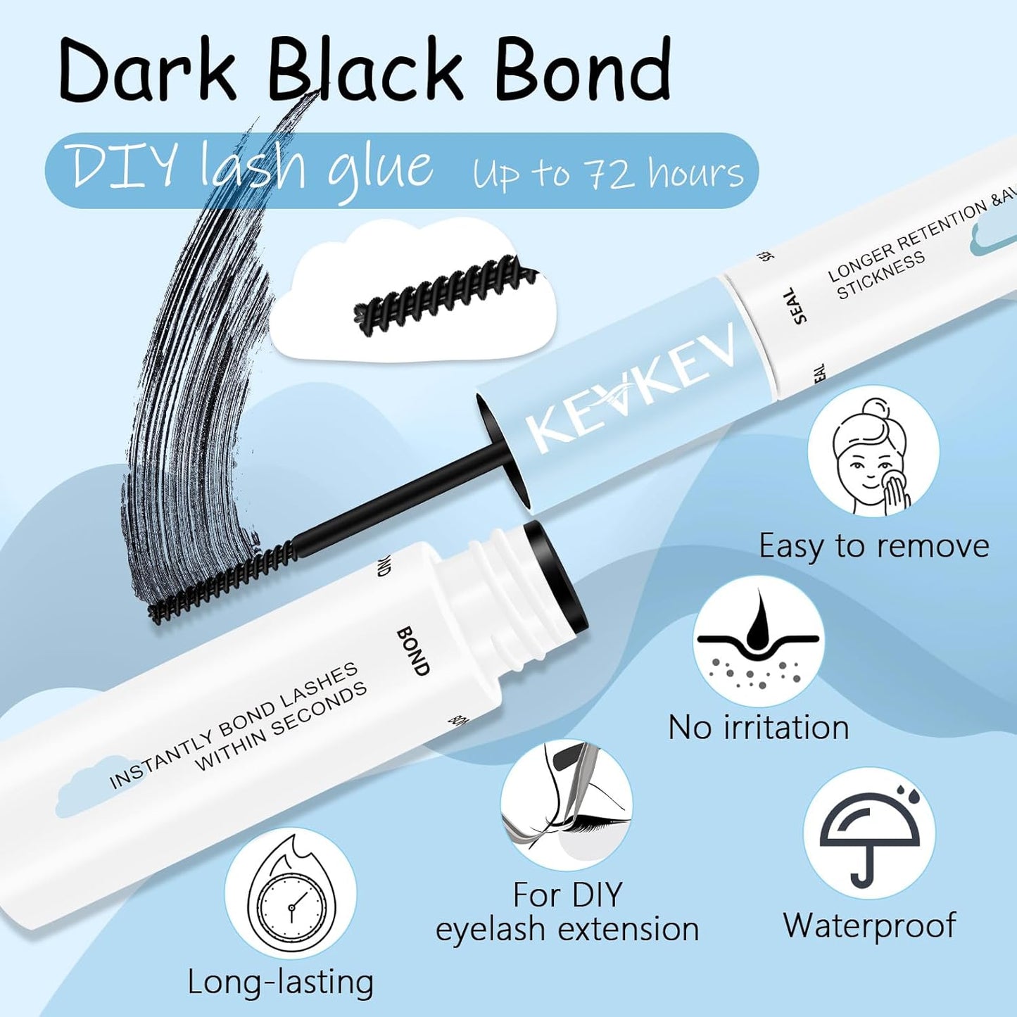 Lash Bond and Seal Waterproof Bond and Seal Lash Glue for Lash Clusters Mascara Wand Cluster Lash Glue Eyelash Bond and Seal Strong Hold for 72 Hours Avoid Stickiness (5Ml+5Ml)