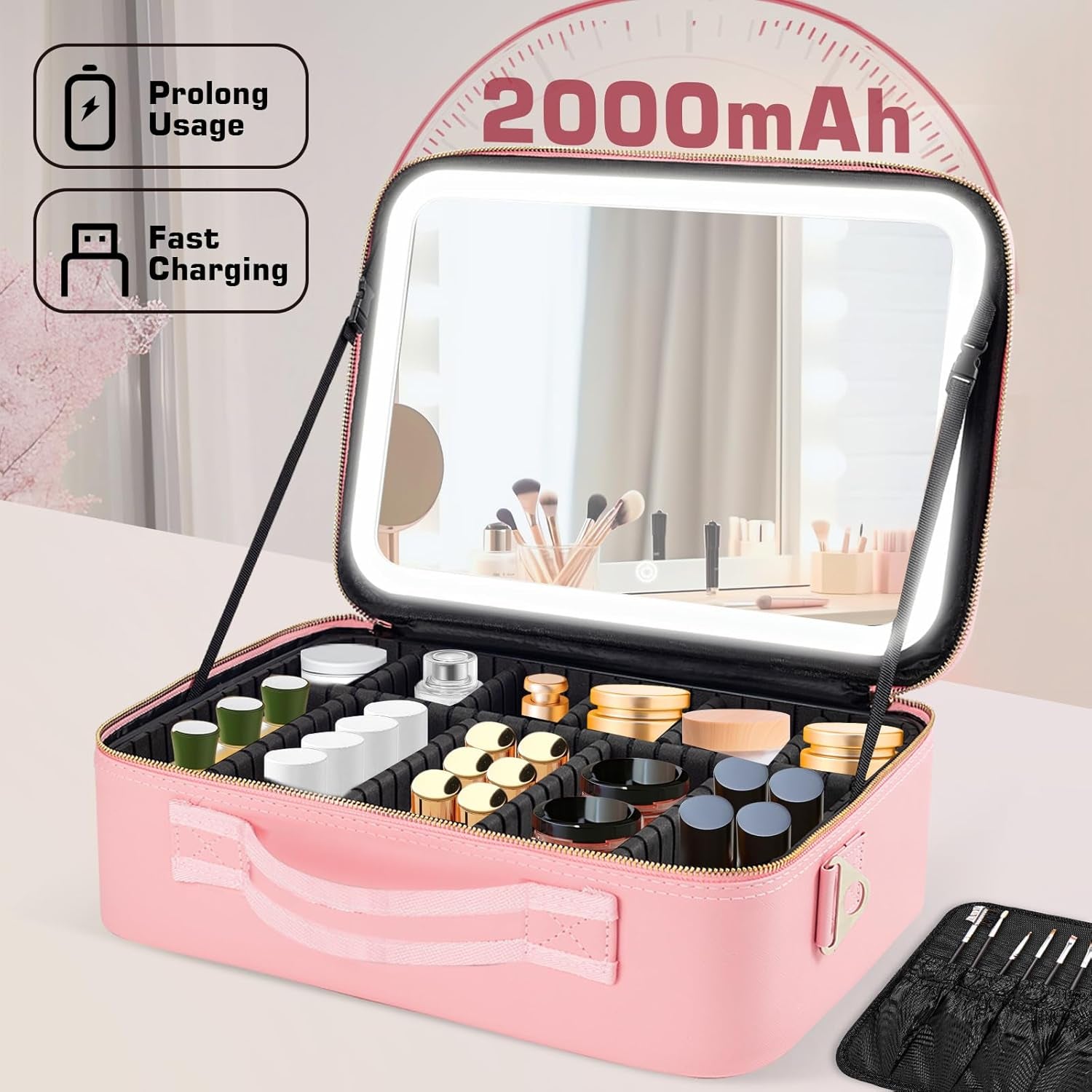 Elevate Your Makeup Game with the 15''X11'' Large Capacity Makeup Bag Featuring LED Mirror and Adjustable Lighting!